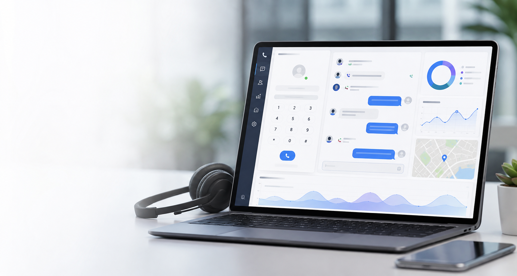 Digital Dialer workspace preview with calling, messaging, and analytics panels